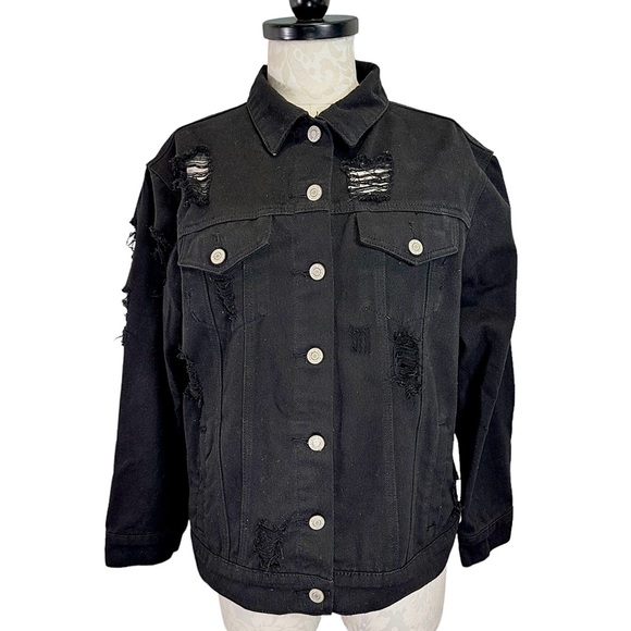 Iris Jeans Black Distressed Denim Jacket Grunge Large - Picture 1 of 15